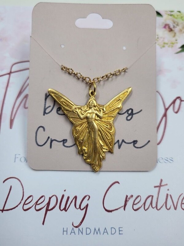 Art Deco Necklace Gold Brass Fairy Angel Pendant